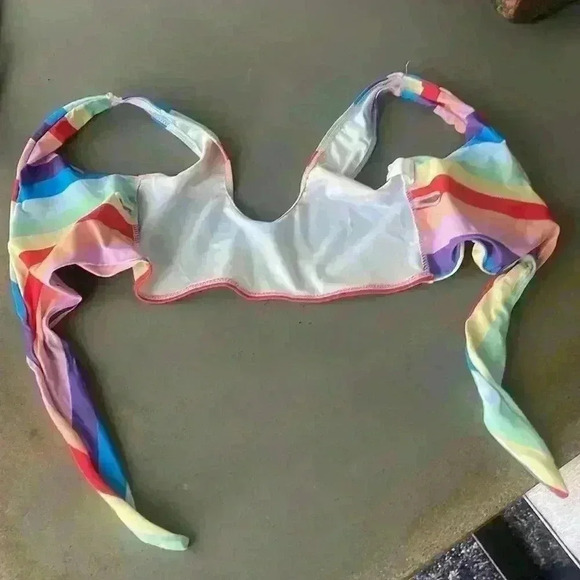 Multicolor Rainbow Striped Front Knot Two Piece High Waist Bikini Set Size S - Picture 8 of 13